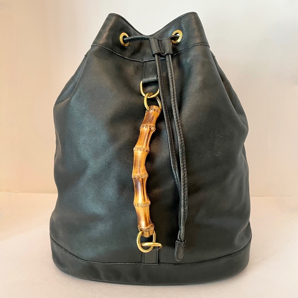 Gucci Black Leather Backpack Vintage Side Bamboo Handle Drawstring